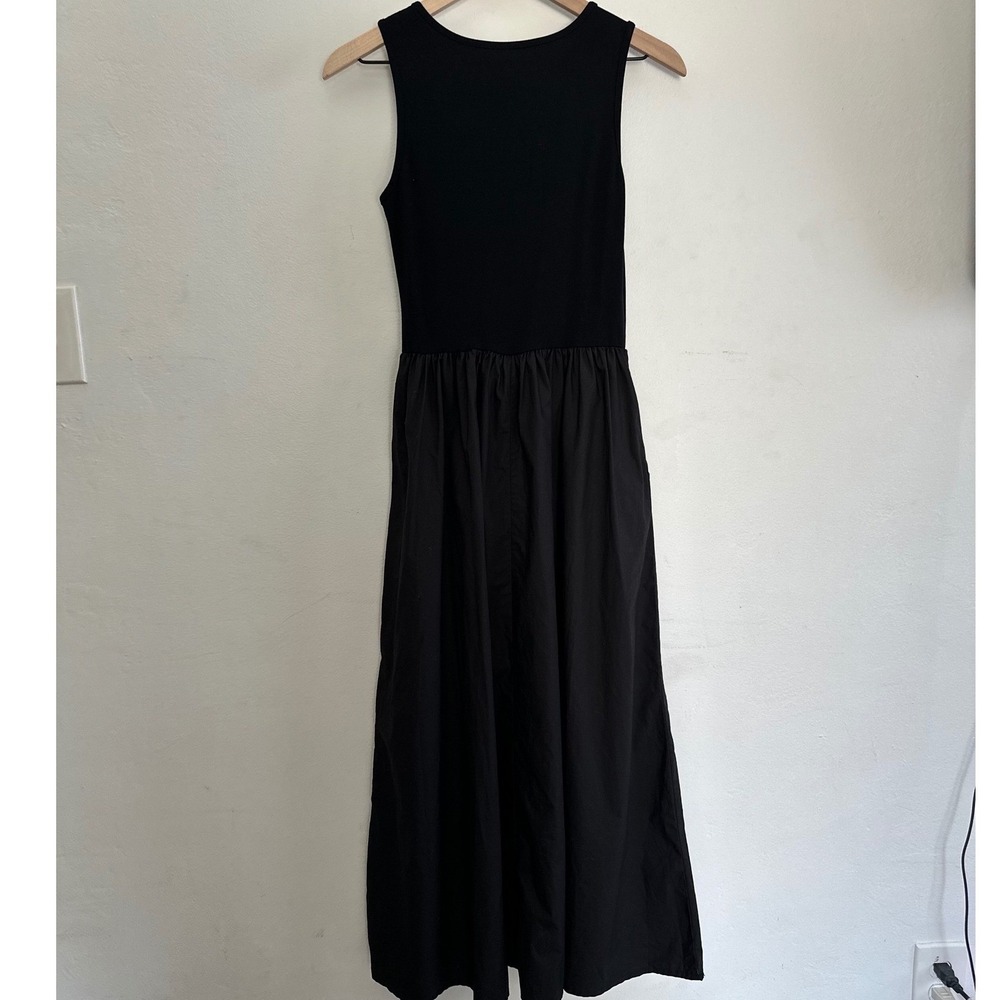 Black Sleeveless Mixed Media Poplin Midi Tank Dress Minimalist Casual Vacation - Picture 4 of 7